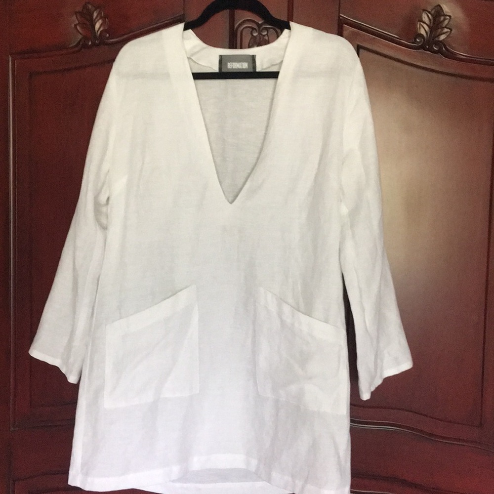 REFORMATION DEEP V MINI LINEN DRESS
